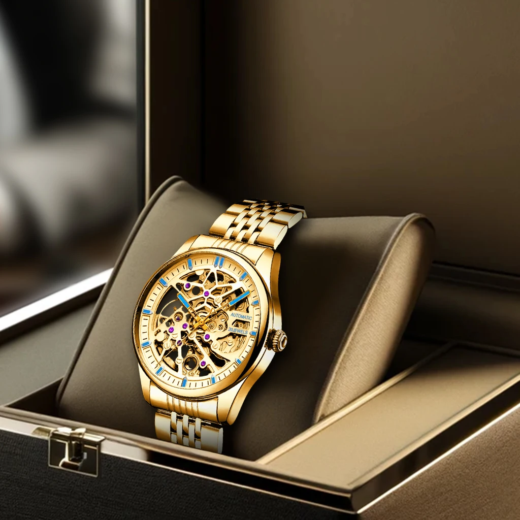 

New men's watch with gold steel strip, fashionable and cool, niche, luminous scale, fully automatic hollow mechanical watch