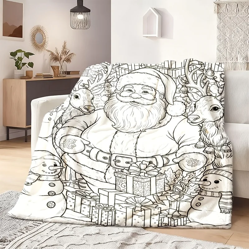 1pc 2D Flat Hand Drawn Santa Throw Blanket, Black White Print with Reindeer, Snowman, Gift Boxes, Christmas Tree & Cabin