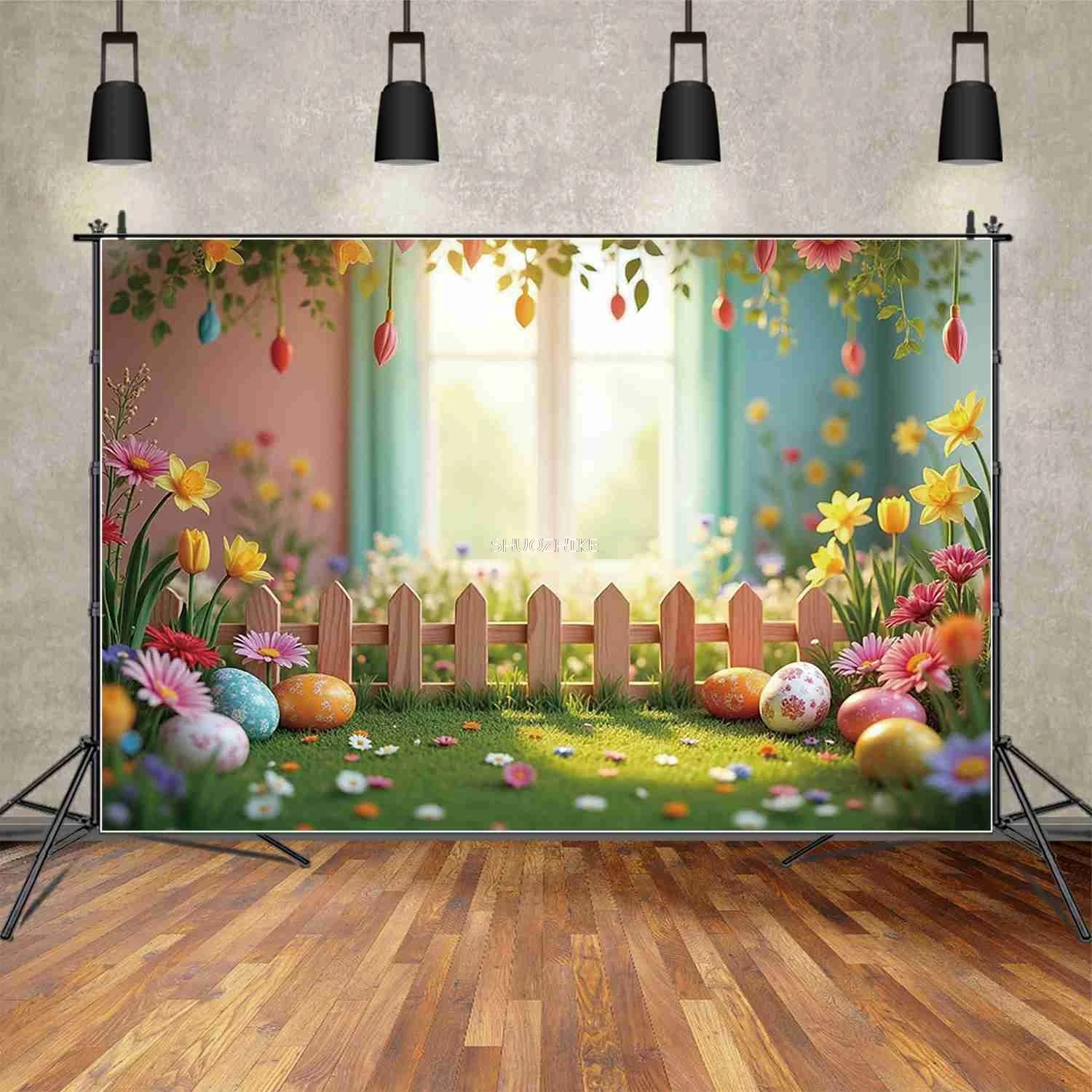Easter Day Background Blue Living Room New Year Interior Fireplace Backdrops Party Decoration Photo Zone Props