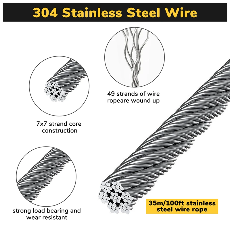 1Set Heavy Turnbuckle Cable Railing Kit 115Ft Wire Rope Hook And Eye Turnbuckle Kit Stainless Steel