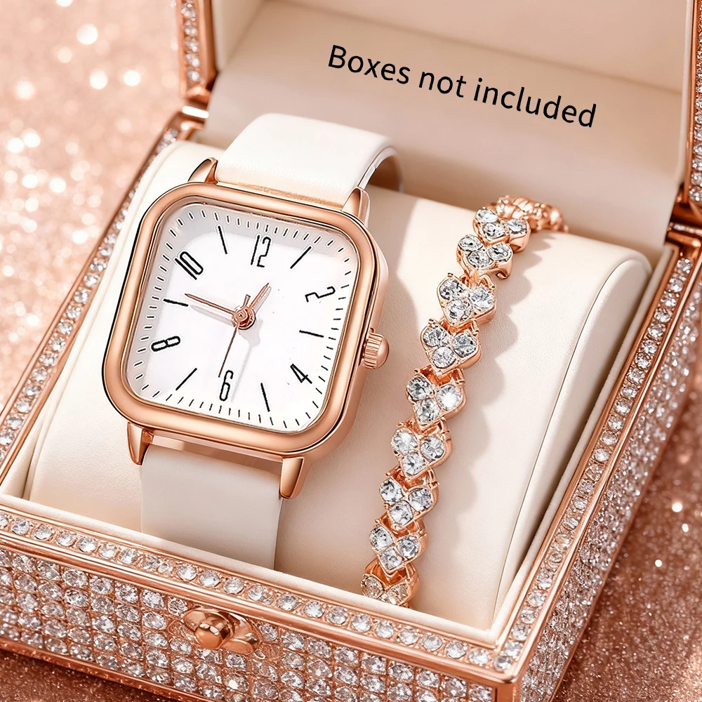 2PCS Elegant, Simple and Fashionable Women's Quartz Watch with Shining Bracelet Jewelry Set Suitable for Daily Wearing