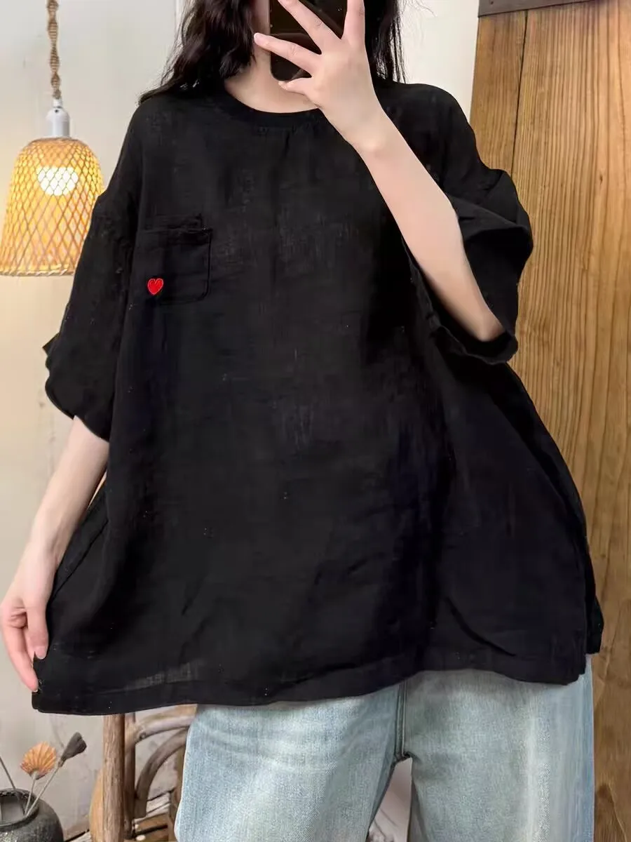 루즈 캐주얼 오버사이즈 라운드 넥 자수 리넨 원피스 한국 스타일 얇은 소재 여름 신상 여성용...