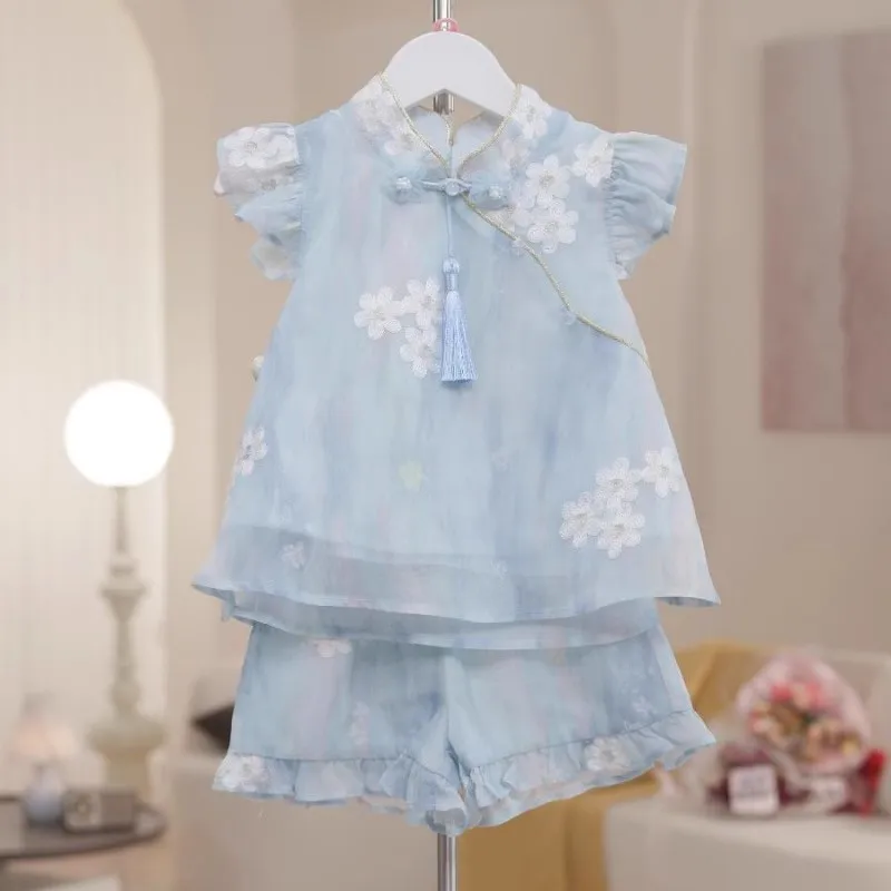 

TOY-2025Summer New Style Girls' Fashionable Ancient Style Embroidered Button Set Baby Sweet New Chinese Style National Style Two