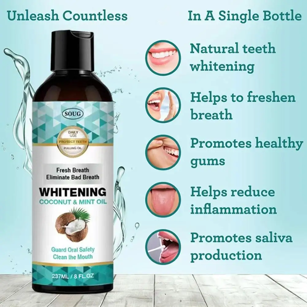 1PCS Coconut Pulling Oil Natural Essential Oils Vitamin 237ML Whitening Health Free Gum Mouthwash Alcohol Fresh Breath Teet C8Y9