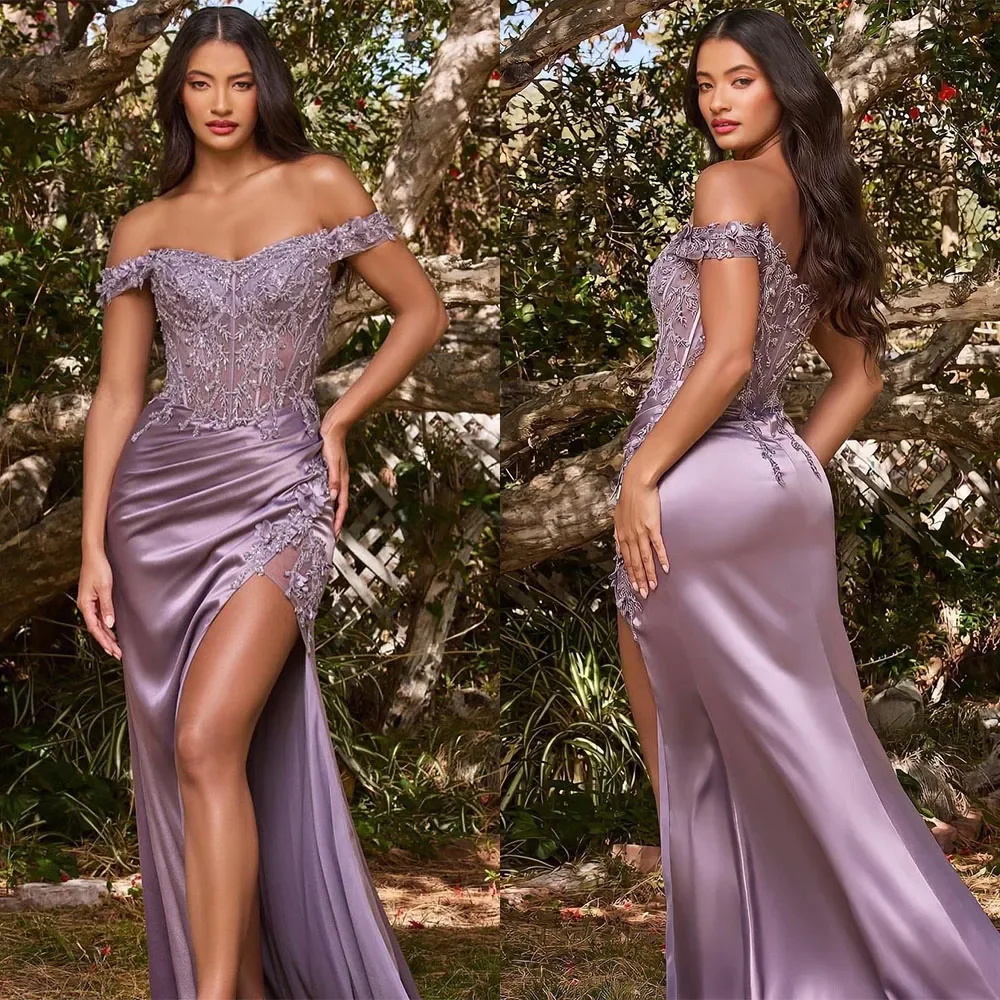 

Purple Mermaid Prom Dresses Sexy Slit Side Sleeveless Appliqued Embroidery Sequins High Side Slit Satin Customized