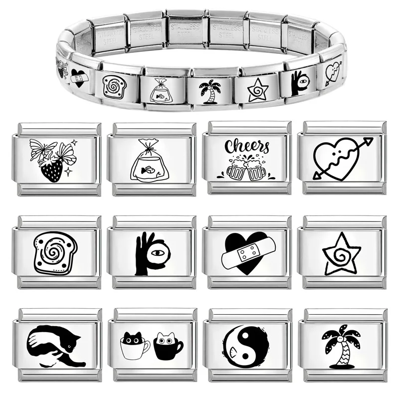 1pc Original Heart Hand Bread Cup Cat Fish Personality Italian Charm Links Fit 9mm Bracelet Stainless Steel Jewelry Making DIY
