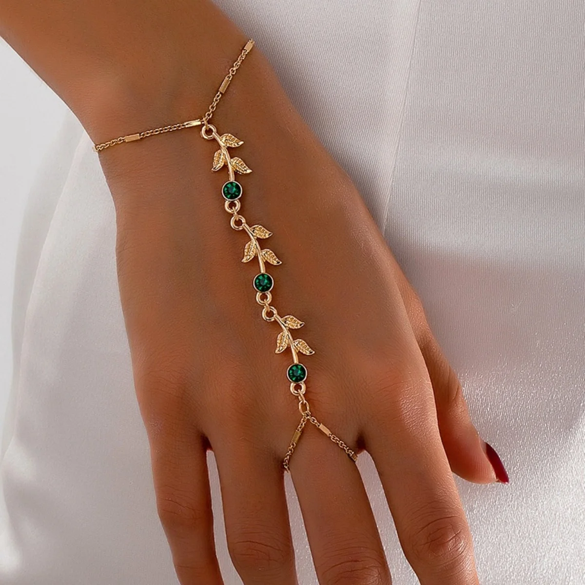 Trendige Metall-Armbänder mit Blätter- und Zweigmotiven für Damen und Herren, grüner Zirkon, imitierte Perlen, Pflanzenring, Armreif, Schmuck – Detail 8