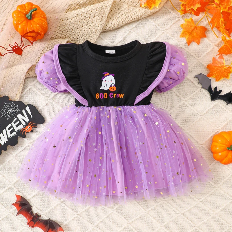 Toddler Baby Girls Halloween Ghost Tutu Dress Black Purple Puff Sleeve Outfit With Stars Mesh Skirt And Boo Crew Print 0 24M