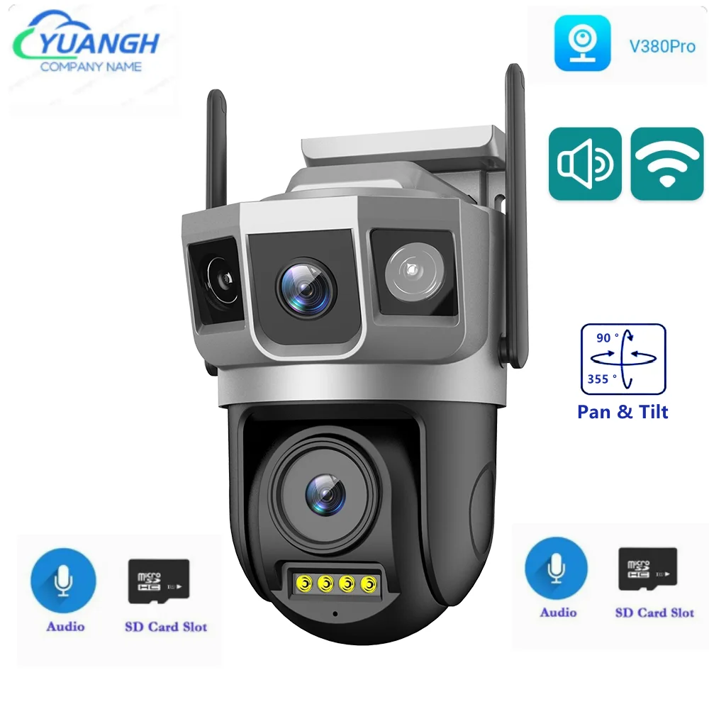 

4MP WIFI Camera Dual Lens Three Screen Motion Detection Color Night Vision Outdoor PTZ Security IP Camera V380 Pro APP