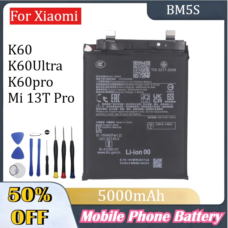 

Сменный аккумулятор высокой емкости для телефона BM5S 5000 мАч для Xiaomi K60/K60Ultra/K60pro/Mi 13T Pro, аккумуляторы для мобильных телефонов
