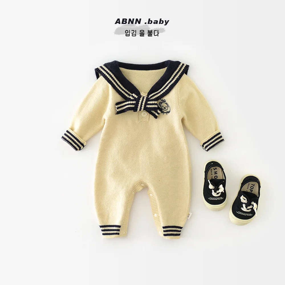 

Newborn Autumn Children's Clothes College Style Navy Collar Foreign Style Knitted 0-3 Baby Romper 2024