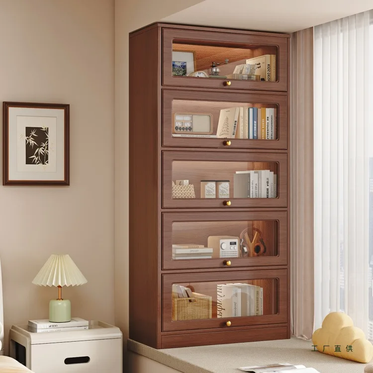 Solid wood Balcony storage upturned glass door Window sill Storage cabinet Household multi-layer bookcase Storage floor cabinet