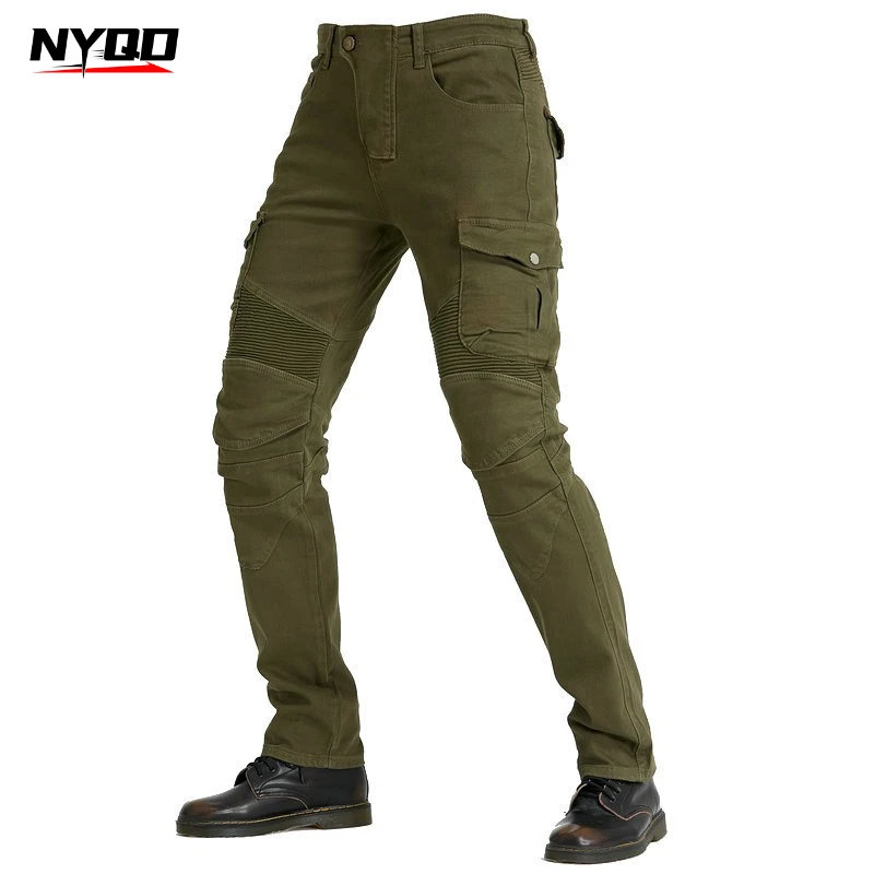 Slim Fit Men's Motorcycle Cargo Pants Multi‑Pocket Casual Motorbike Riding Jeans with Removable Protector Pads for 4‑Season Use