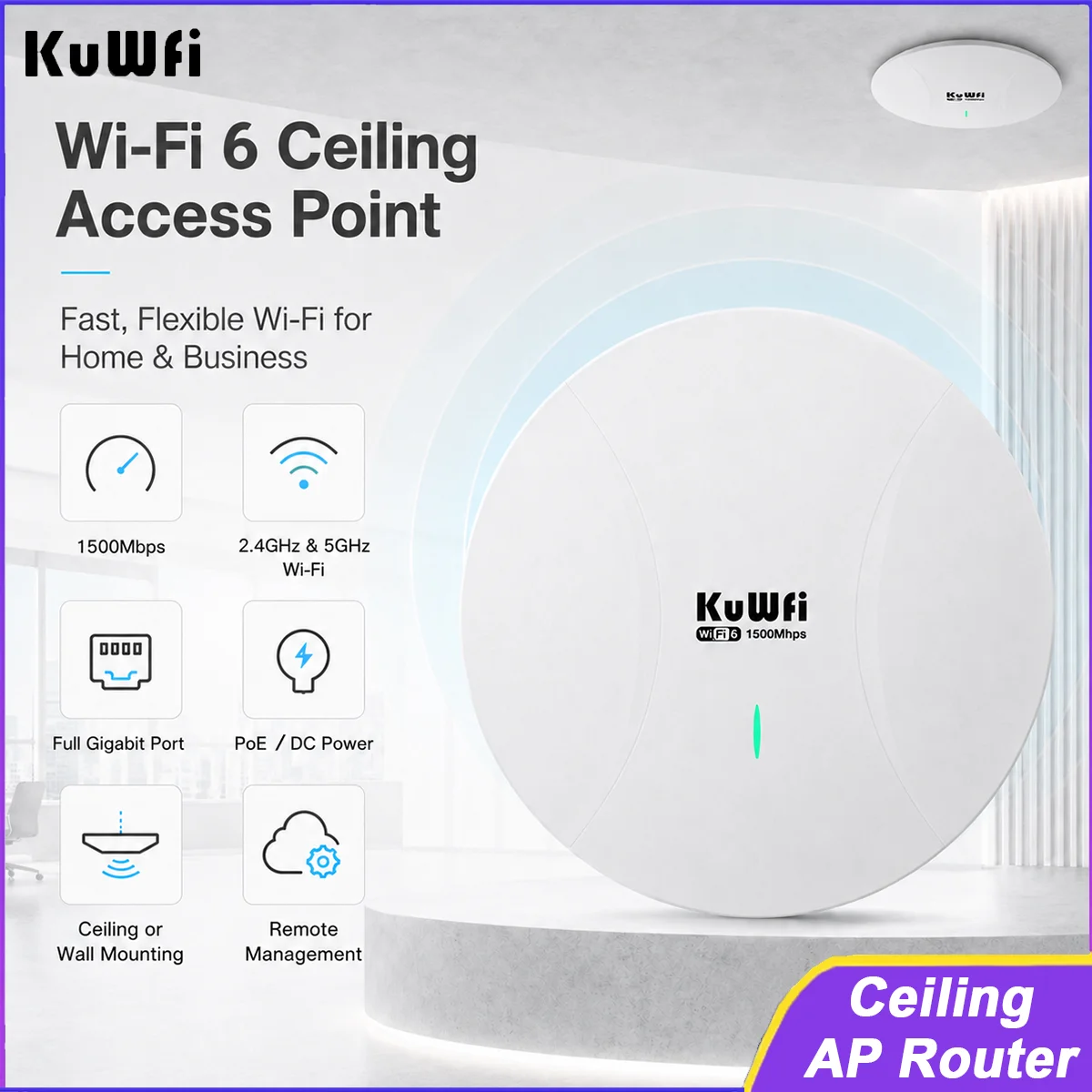 KuWFi AX1500 WiFi 6 Ceiling Access Point 1500Mbps Dual Band 2.4GHz & 5GHz Gigabit Ethernet Port PoE/DC Powered for Business Home