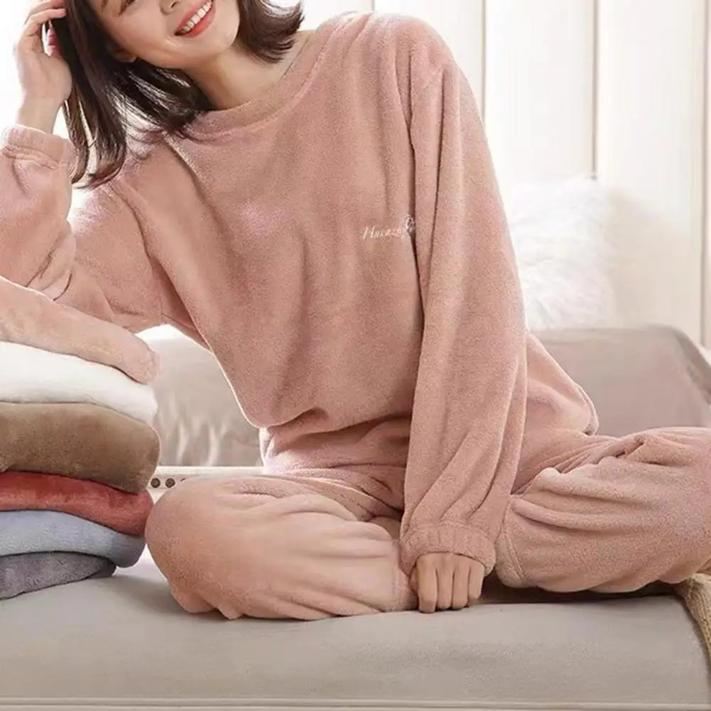 Conjunto de loungewear feminino aconchegante, roupa de pelúcia com 2 peças, elástico na cintura, longo, aconchegante, inverno