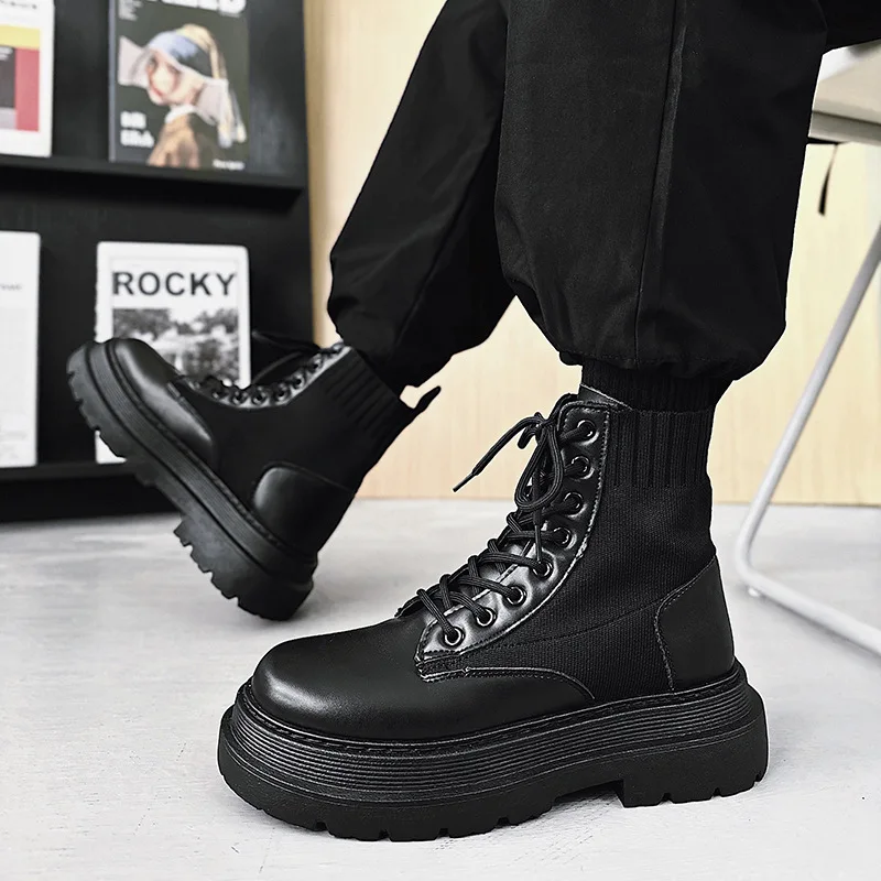Men\'s Platform Boots Black Non-slip Motorcycle Boots Tactical Lace Up Boots 2023 New Men\'s Boots Fashionable Walking Work Boots