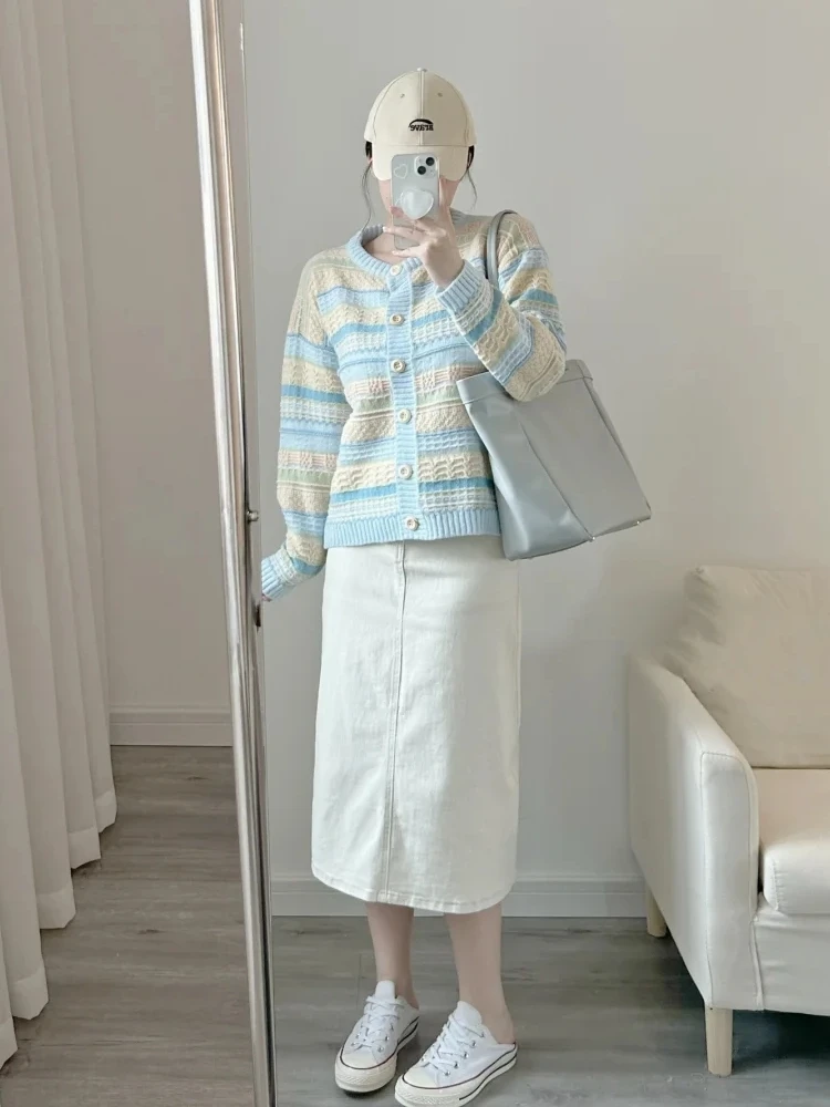

Ladies' Soft Loose Knitted Cardigan Sweater round Ne Spring Early 2026 Korean Sle Commute Striped Pattern Casual Top