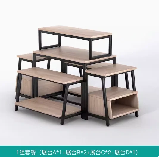 Supermarket steel and wood flow table display shelves in the island cabinet