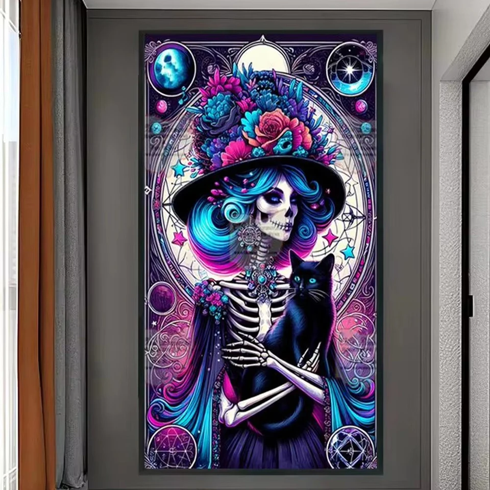 Sugar Skull Witch with Black Cat 5D DIY Diamond Painting Large Size Full Diamond Embroidery Mosaic Picture Crafts Decor Home