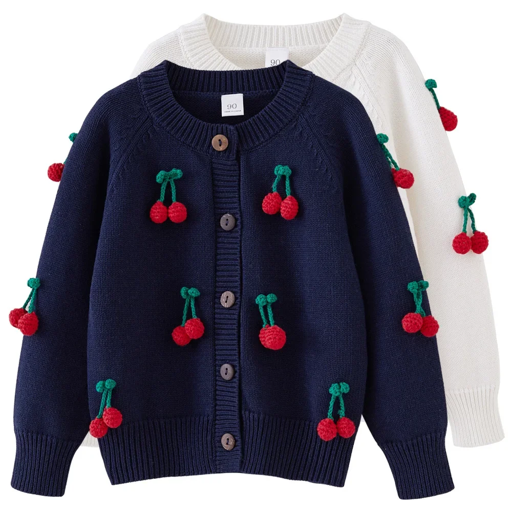 Childrens Sweaters Spring and Autumn 2024 Hand Hook Cherry Girls\' Knitted Cardigan Cotton Round Neck Childrens Sweater