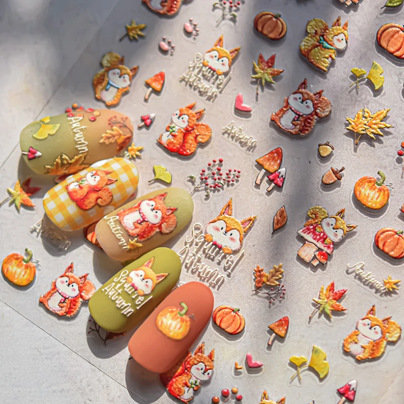 Squirrel Mushroom Pumpkin Biscuit Pinecone Maple Leaf Autumn Bunny Nail Art Stickers Osmanthus Ginkgo Rabbit Rose Flowers Decals