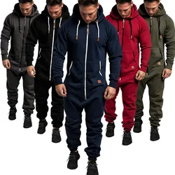 Men’ s Jumpsuit Solid Long Sleeve Hooded Fleece Playsuits Male keep warm Romper for Autumn and winter pantalones hombre