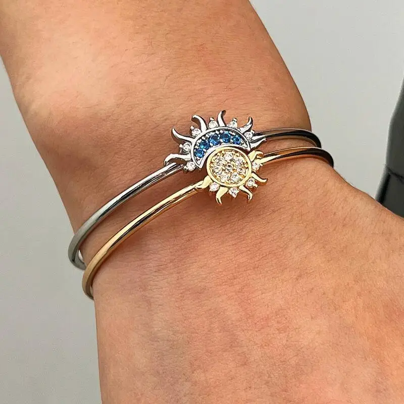1PC-Sun Moon Open Cuff Bracelet with CZ Stones, Celestial Bangle Jewelry for Women,