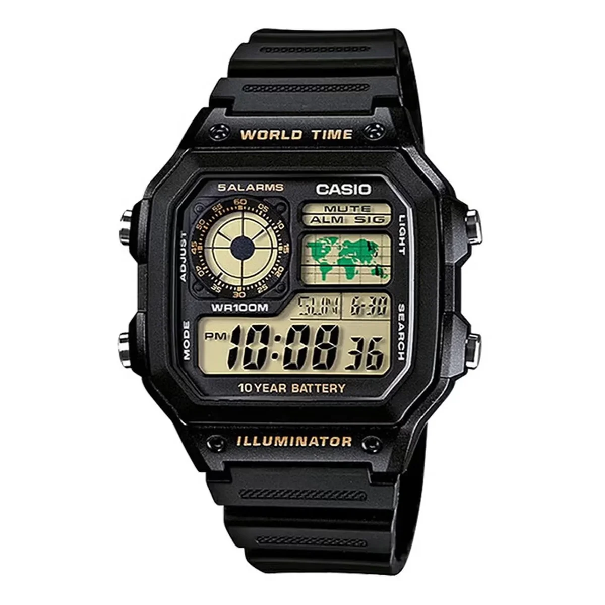 Série Casio AE1200WH |   Montre numérique pour homme |   100M WR |   Alarmes multiples |   Chronomètre 100 secondes |   Minuterie de compte à rebours |   Carte du monde pour le monde entier