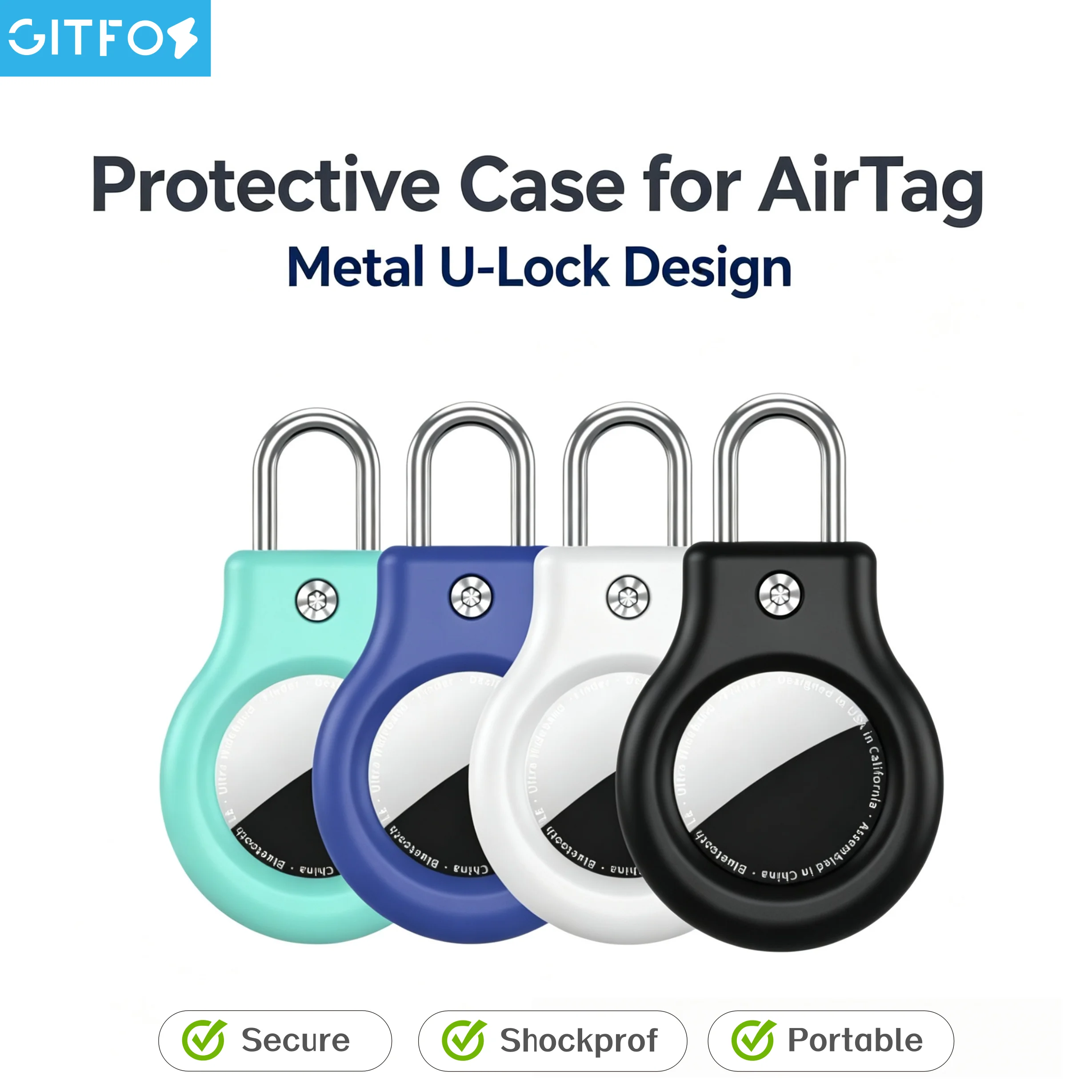GITFOS AirTag Hollow PC Protective Case Metal U-Lock Keychain Anti Lost Holder For Apple AirTag Pet Collar Backpack Luggage Keys
