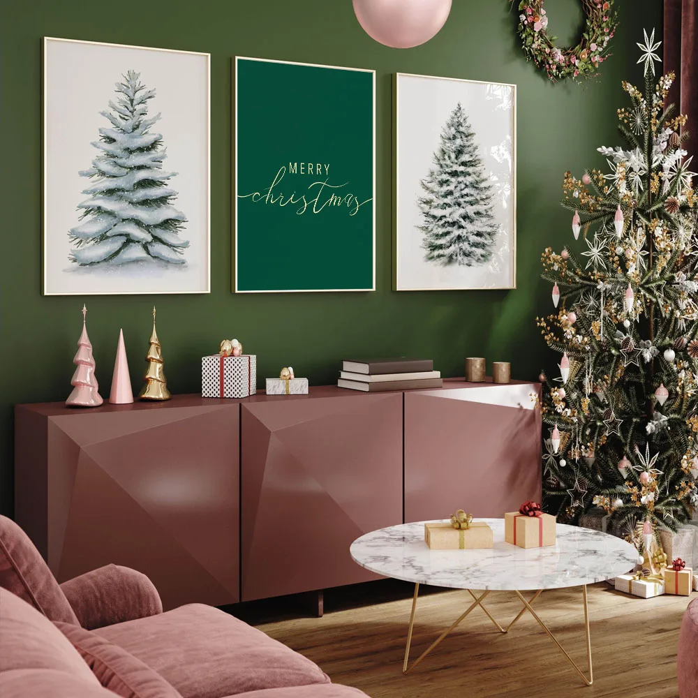 Set of 3 Christmas Snowy and Pink Jolly Christmas Poster Canvas Print Painting Wall Art Bedroom Study Studio Living Room Decor