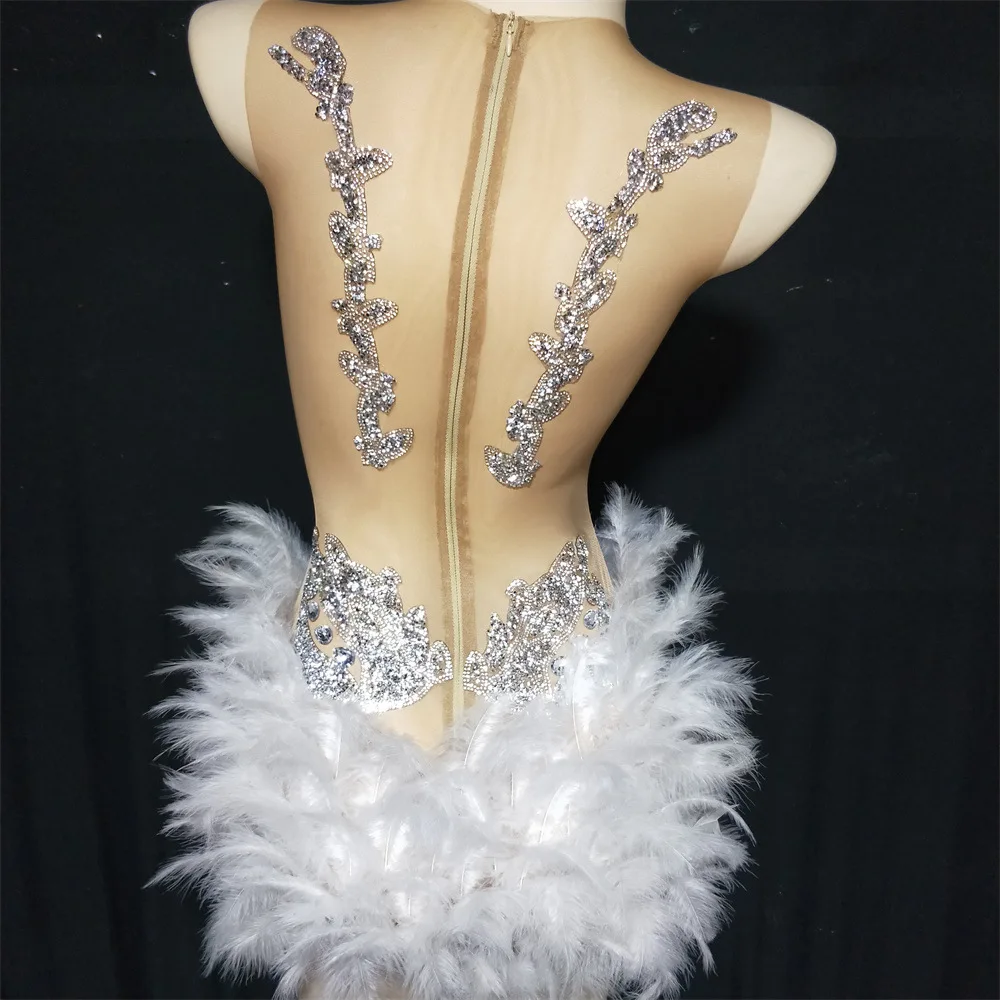 Shiny Rhinestone Perspective Tight Sexy Feather Skirt Performance Dress For Nightclub Party Host White Dresses With Rhinestones