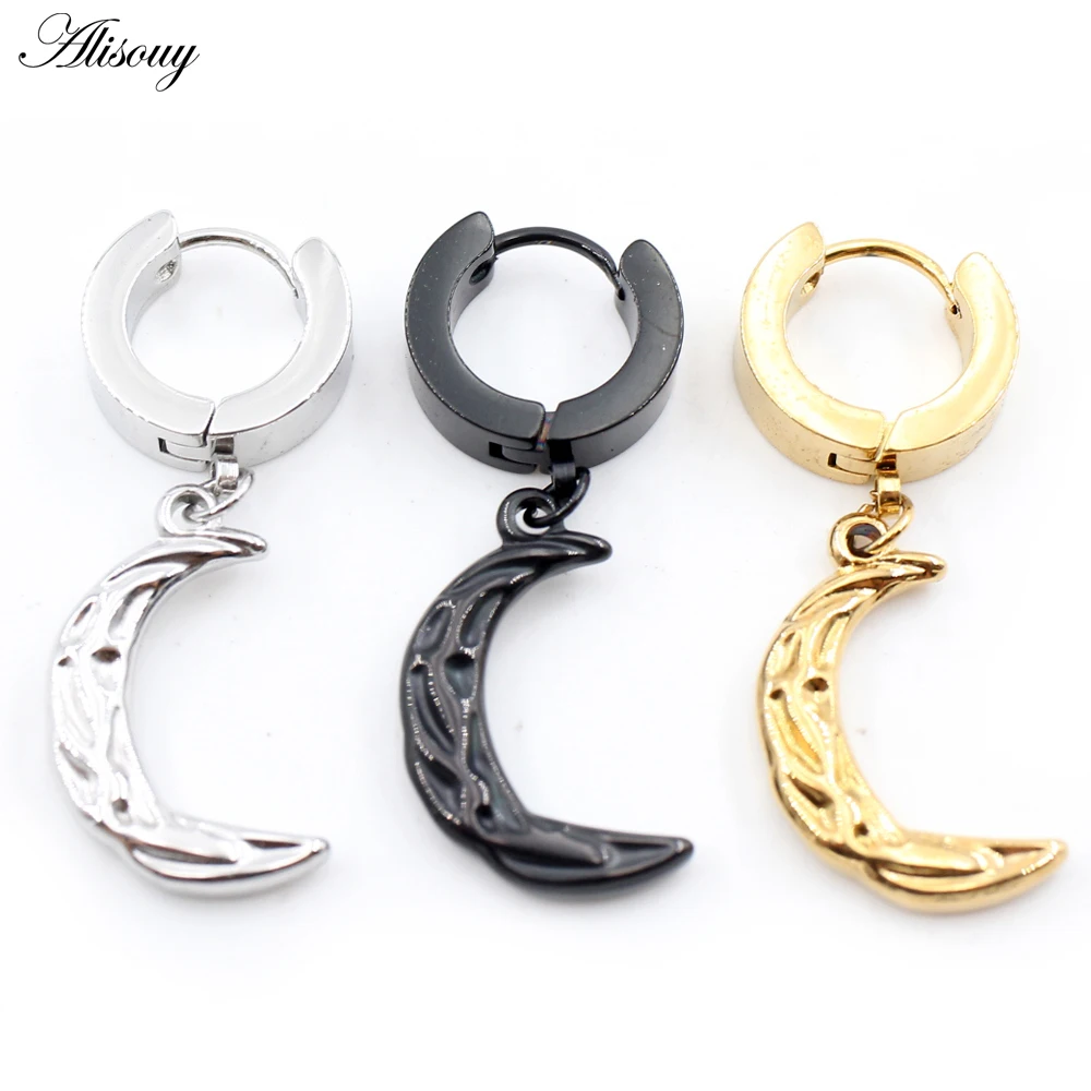 Alisouy 2PC Stainless Steel Cross Starfish Sword Axe Moon Pepper Pendant Women Men Small Huggie Round Smooth Circle Hoop Earring