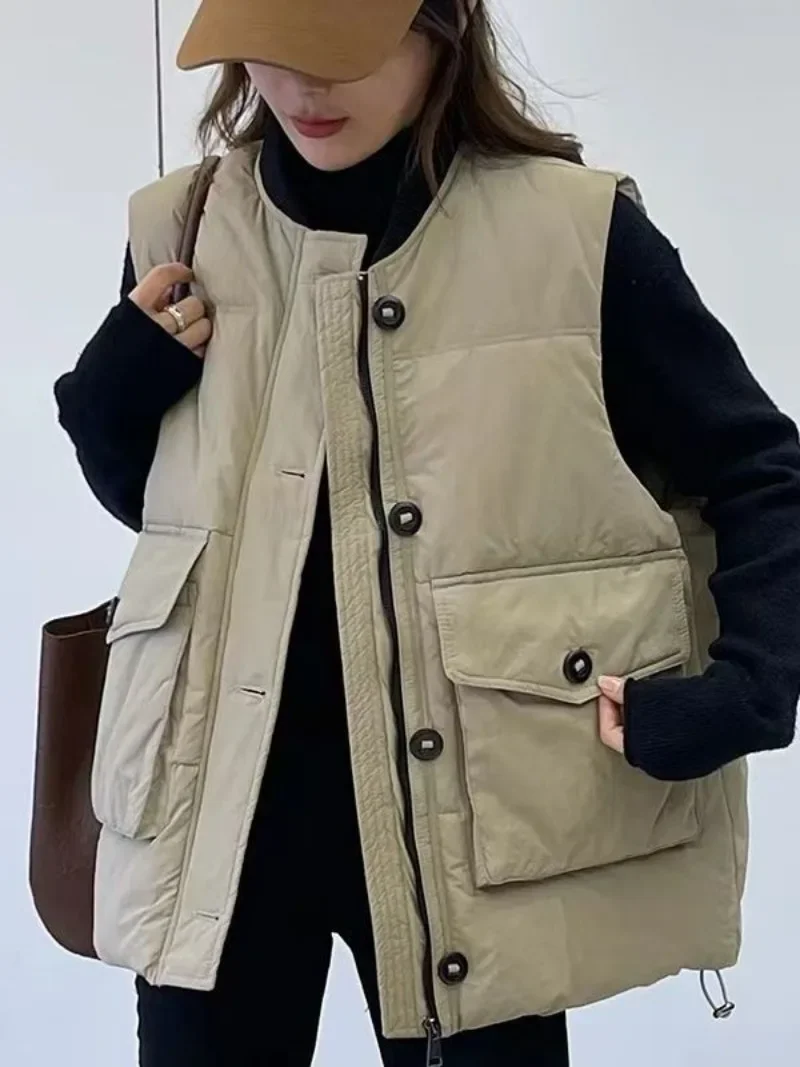 Women's Padded Cotton Vests Loose Solid Pocket Lady Giletes Cold Demi-season Insulated Autumn Coats on Sale Trend 2024 Youthful