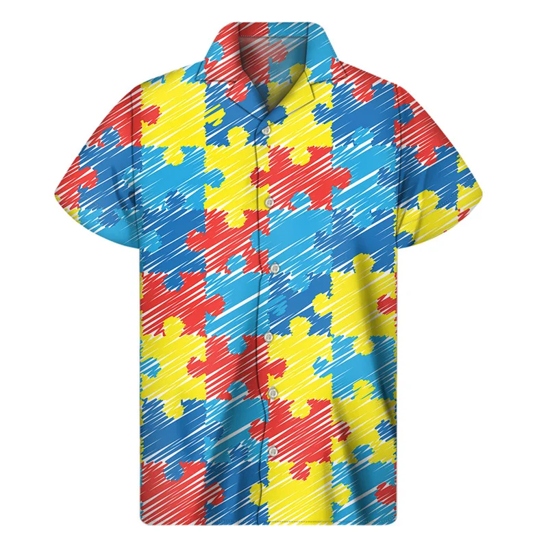 Autism Awareness Puzzle 3D Print Aloha Shirt Men Women Summer Hawaiian Shirts Tops Street Lapel Blouse Button Short Sleeves