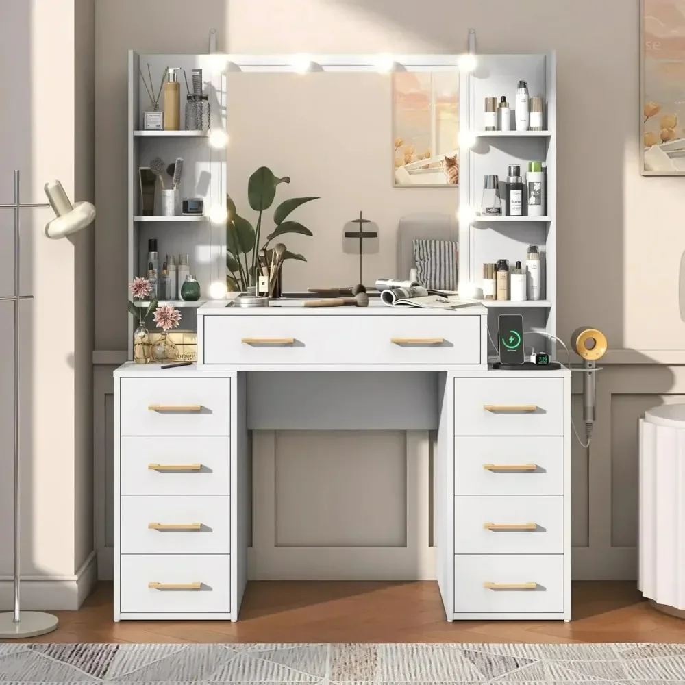 Glass Top Vanity Desk with Mirror & Lights, Large Vanity Makeup Mirror Desk with Charging Station,vanity chair,mirror