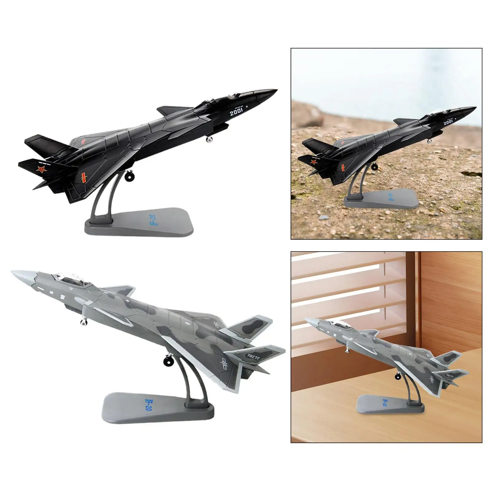 1/100 Scale J20 Fighter Aircraft Ornament High Detailed Adults Gifts Airplane with Base Diecast Model for Cafe Bedroom Shelf