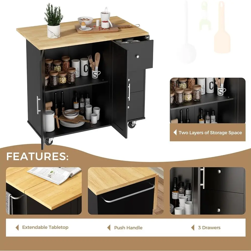 عربة جزيرة المطبخ المحمولة مع أدراج وخزانة، عربة أدوات دوارة لتناول الطعام والخدمة، باللون الأسود #3