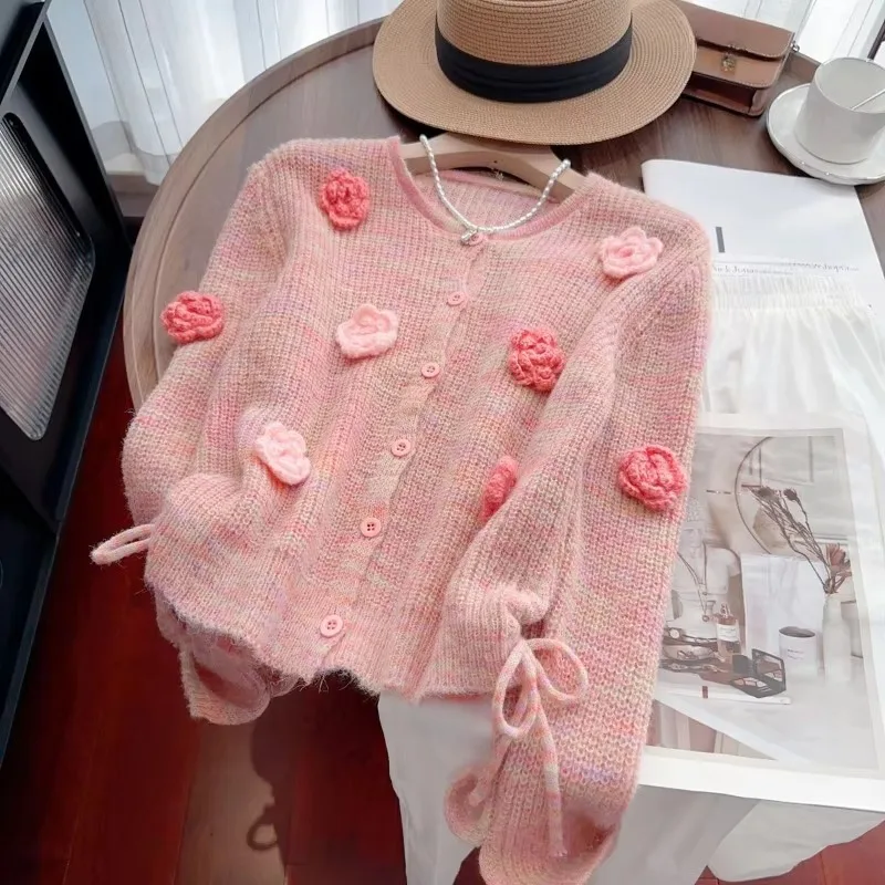 DAYIFUN Women's Sweety Style Cardigan Autumn Pink Knitted 3D Flower Short Drawstring Ladies Sweaters Design Casual Versatile Top