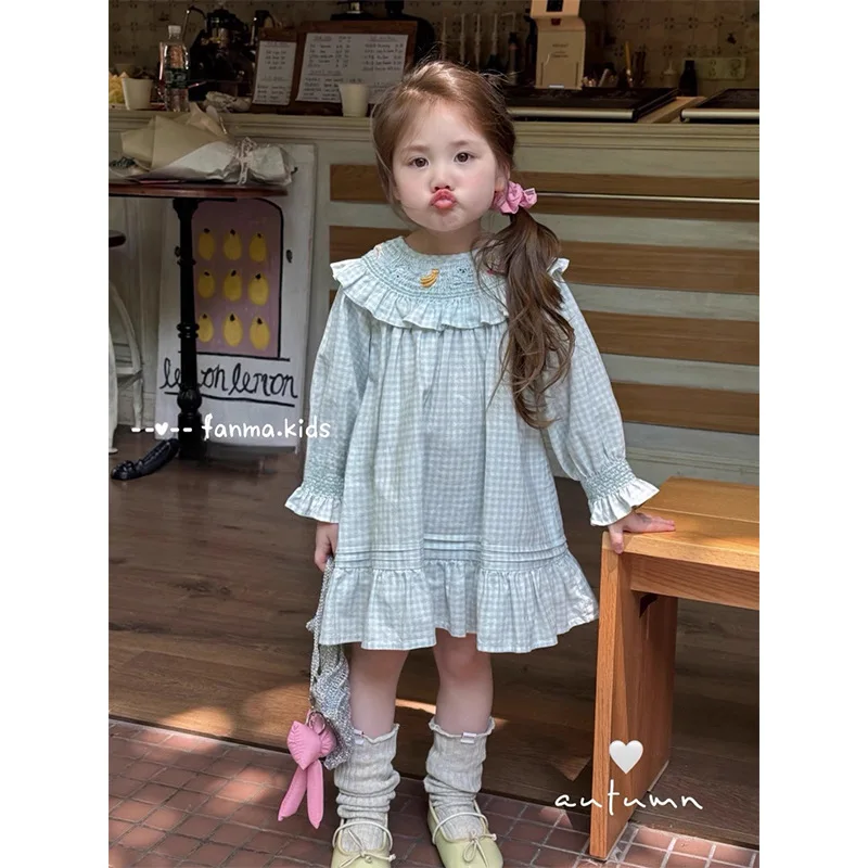 Japanese and Korean New Sky Blue Girl Baby Early Autumn Clothes Small Fresh Doll Collar Blue Shirt Dress Outing Princess Skirt