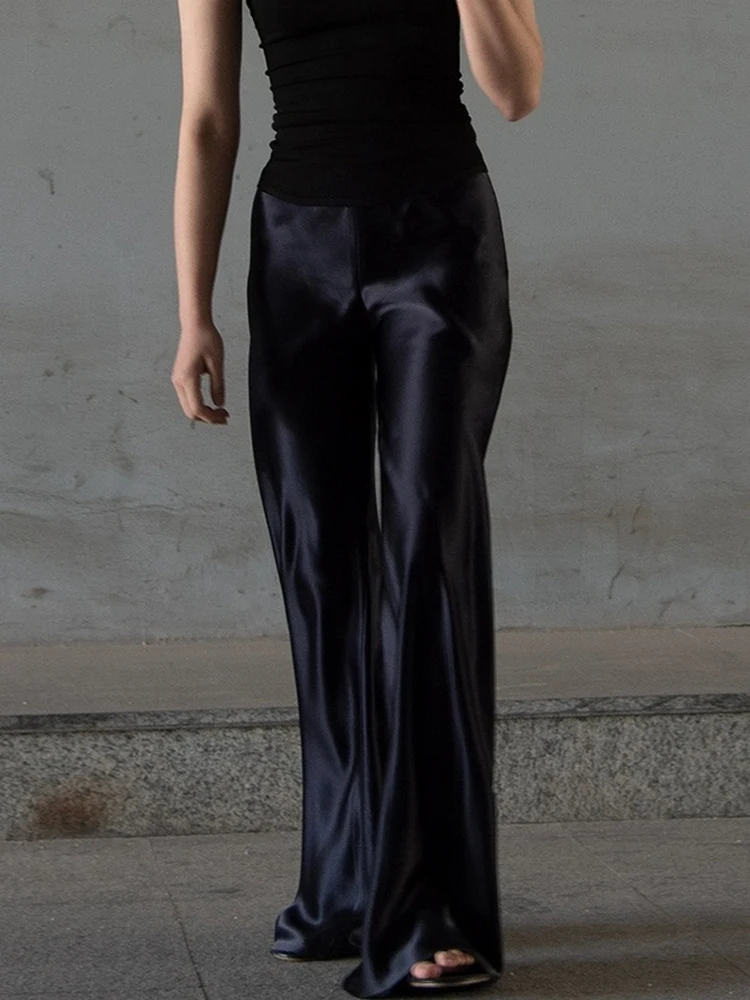 High Waist Wide Leg Pants Women's Loose Fit Acetate Satin Fabric Visual Lengthening Effect Casual Trousers Commute Style