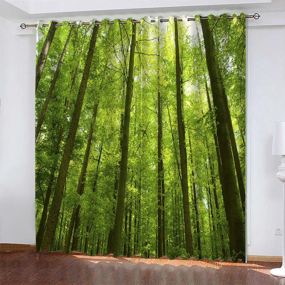 

3D Green Forest Print Curtain Biparting Open Blackout Curtain Cortina De Sombra Bedroom Living Room Decoration Scenery Curtain