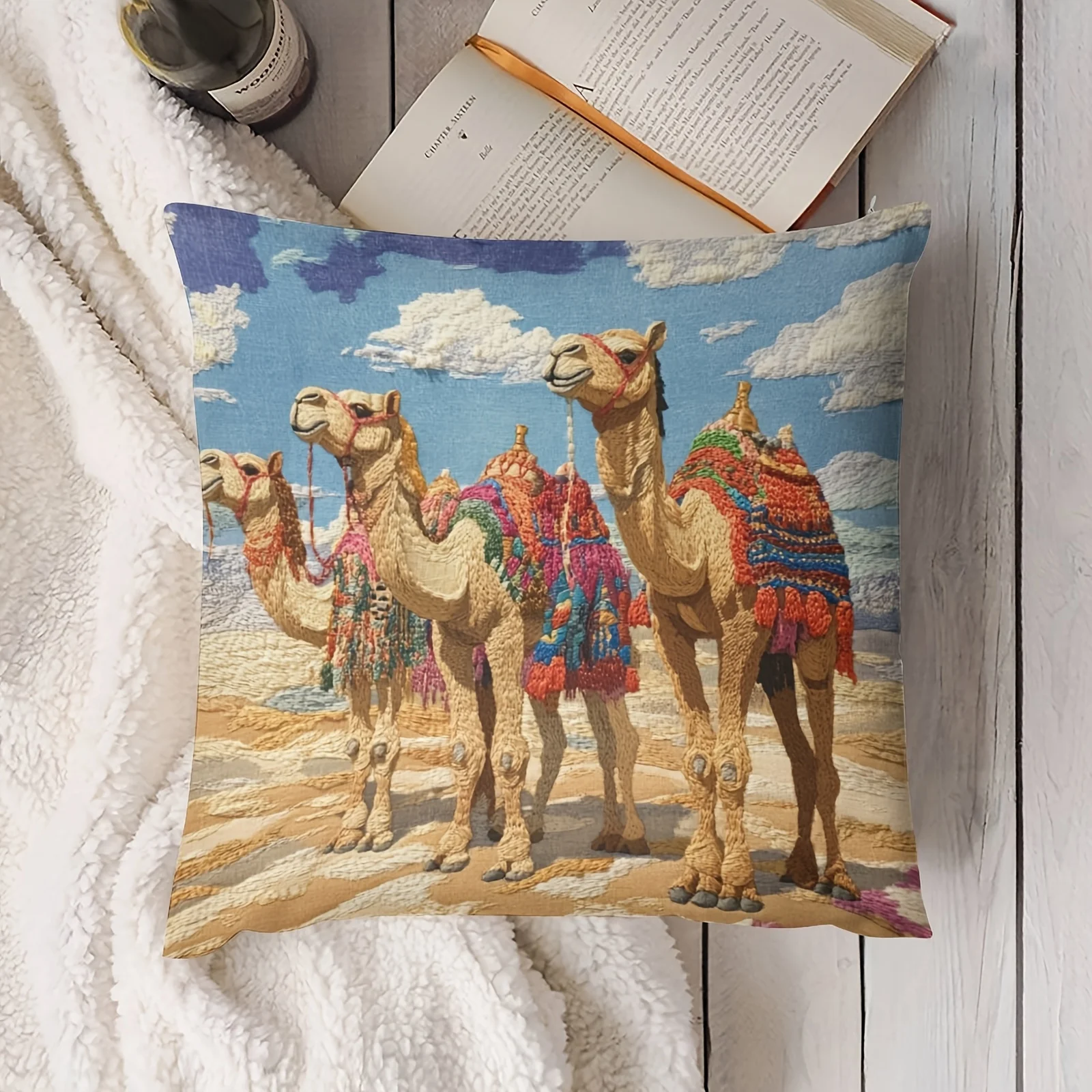 Camel Pillow Case, Desert Caravan Cushion Cover, Colorful Ethnic Art Home Decor for Sofa Bedroom Living Room Boho Gift