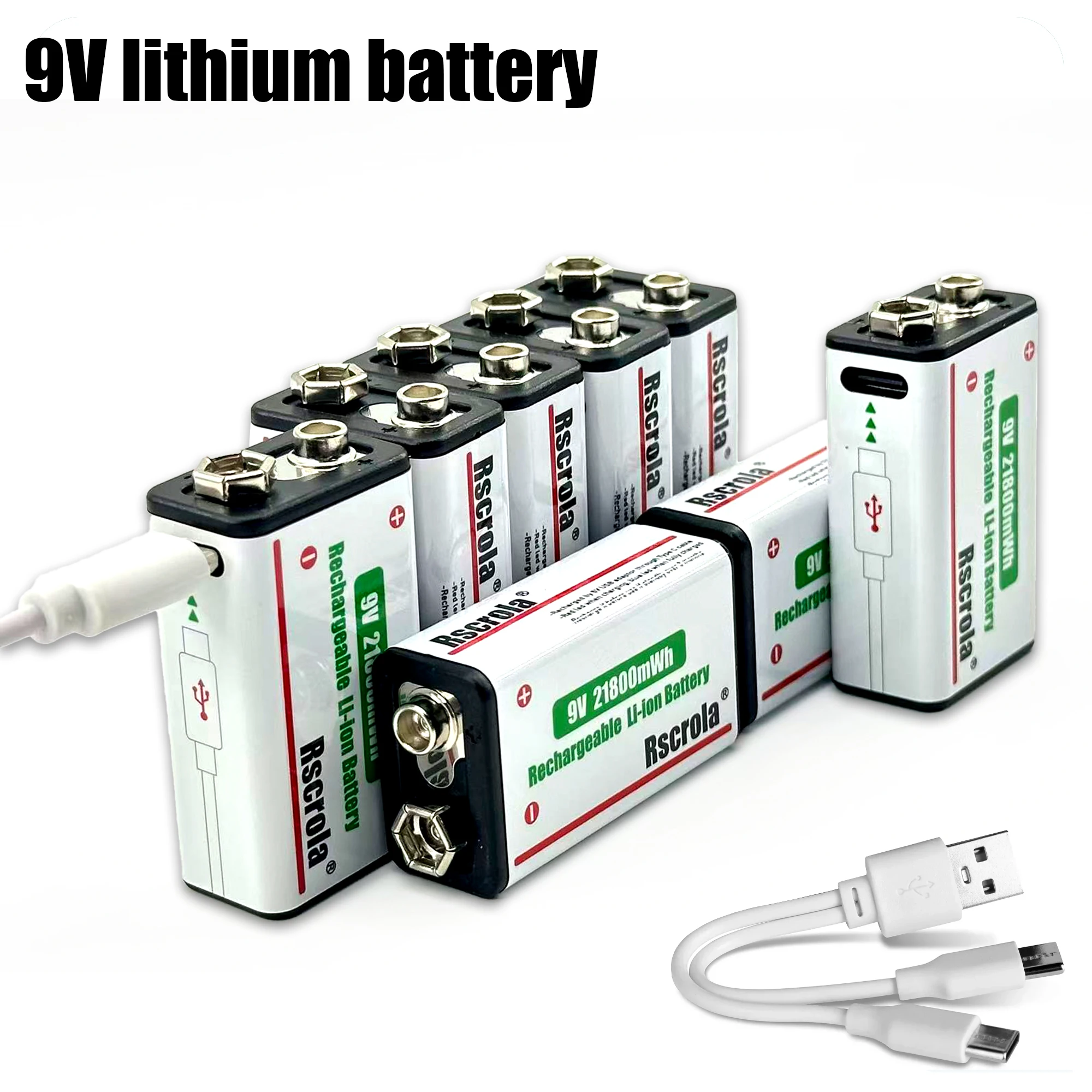 Batterie rechargeable au lithium-ion 9V longue durée 21800mWh haute capacité pour guitare, microphone, détecteur de fumée, pédale avec câble
