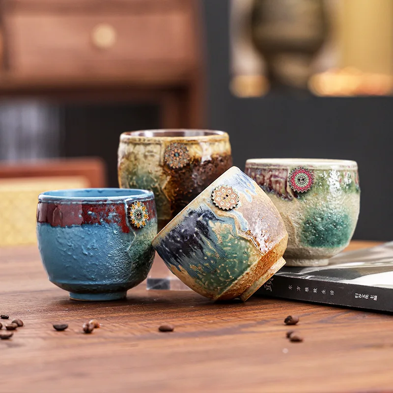 Vintage Espresso Button Hand-held Cup,Latte Art Transmutation Glaze Ceramic Mug,Restaurants Handmade Japanese Kung Fu Tea Cup