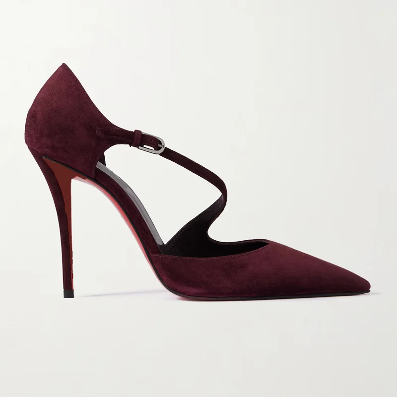

One Word Belt Cover Heel Suede Pumps Sexy Pointed Toe Solid Thin Heel Bucke Belt New Arrivals Fashion Women Shoes
