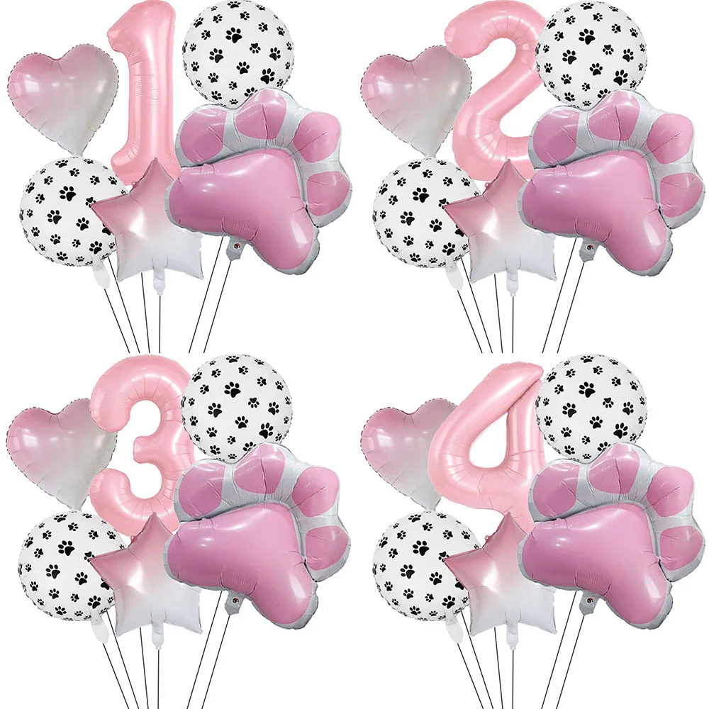 6Pcs Animal Let's Pawty Dog Cat Paw Aluminum Balloon 40 inch Pink Number Birthday Party Decor Balloon Baby Shower