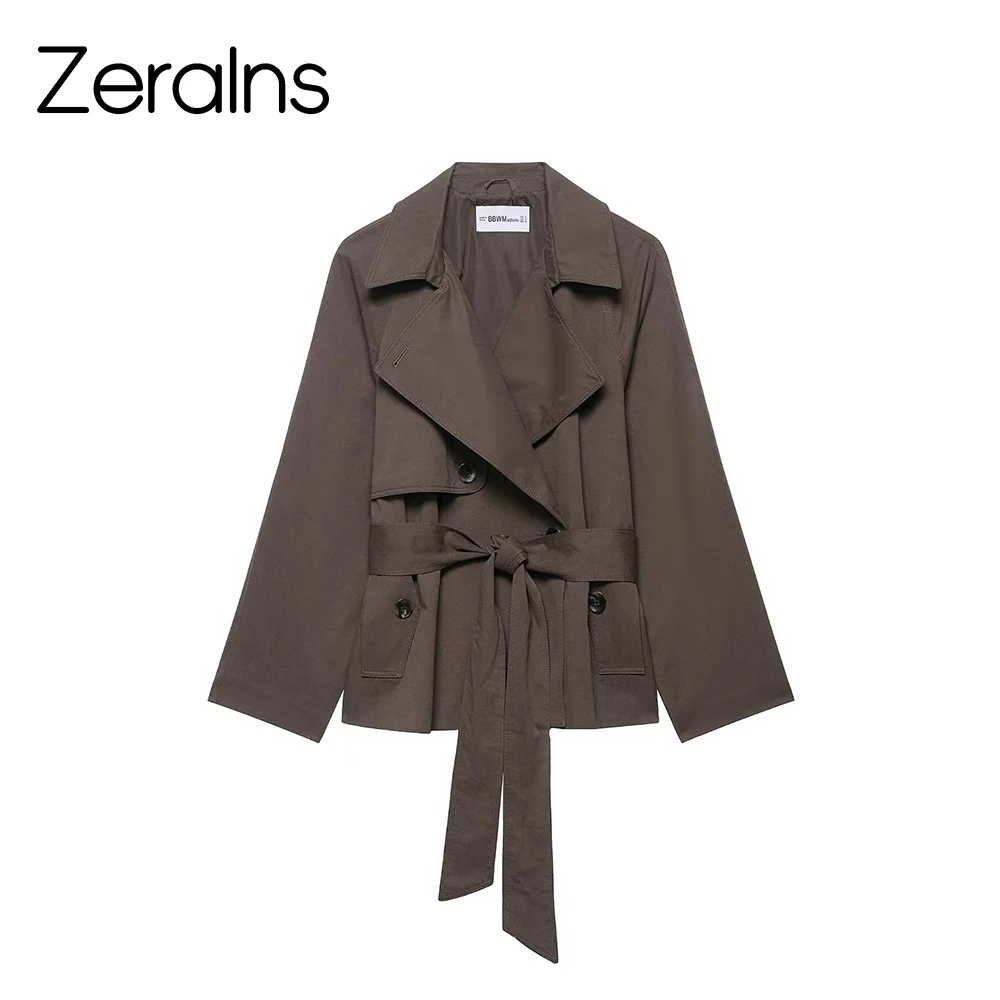 

ZERAINS Autumn new women's minimalist style with waist belt flat collar long sleeved double breasted short windbreaker