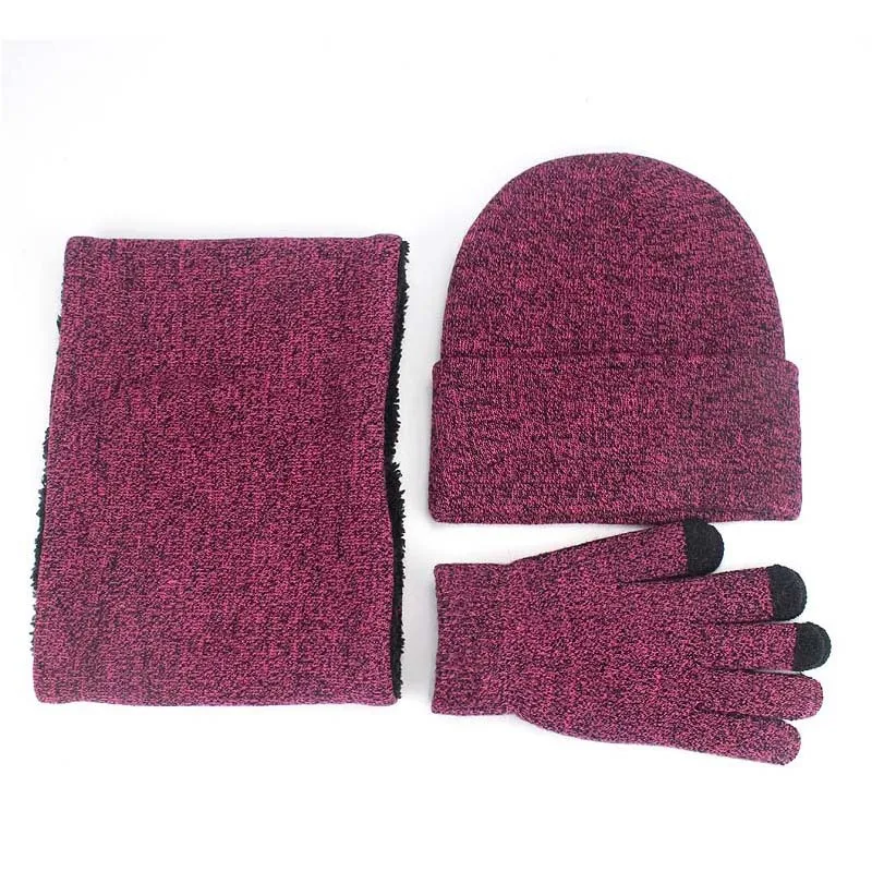 Winter Fleece Lined Thermal Set Hat Scarf Touchscreen Gloves Trio for Women Men Outdoor Skiing