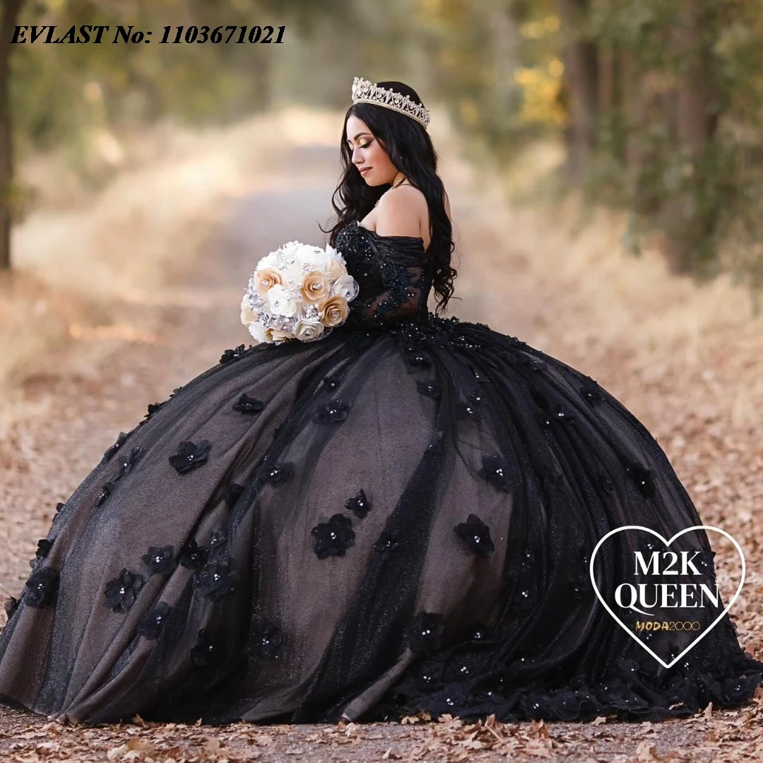 

EVLAST черное платье принцессы Quinceanera с открытыми плечами с бисером 3D Цветы аппликация милое 16 платье мексиканские платья 15 лет SQ422