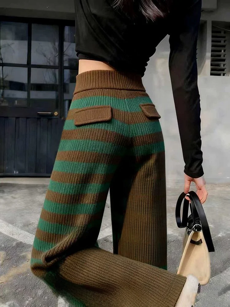 

Retro Striped Knitted Wide Leg Pants High Waist Thiened Commute Sle Women's Casual Trousers Winter New Arrival Slimming E...